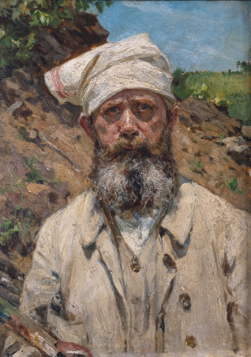 Selbstporträt des schlesischen Malers Johannes Graf (1837–1917) mit Palette, Malerkittel und einem Geschirrtuch als Sonnenschutz, um 1900, Öl/Malpappe. Foto: SMG